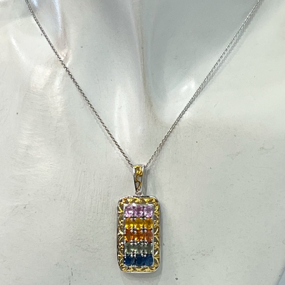 Multi Sapphire 18K Vermeil YG Sterling Silver Pendant 20” Necklace - Picture 2 of 13